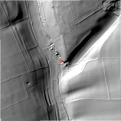 Shaded relief map of the ground around DT110BQ, computed from Environment Agency LiDAR. The ground here sits at about 97 m above sea level and falls 57 m across the surrounding 800 m. Surface water reaching this point runs off ground lying to the north-north-east, 34.0 m higher.