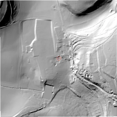 Shaded relief map of the ground around DT110DA, computed from Environment Agency LiDAR. The ground here sits at about 117 m above sea level and falls 86 m across the surrounding 800 m. Surface water reaching this point runs off ground lying to the east-north-east, 58.0 m higher.