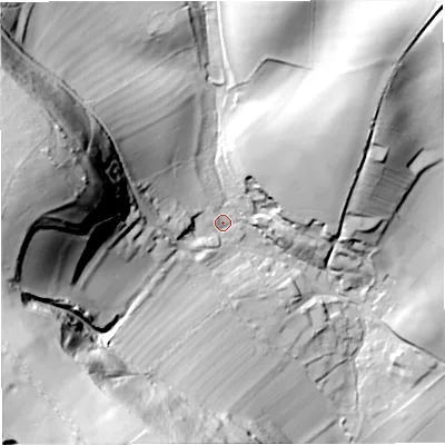Shaded relief map of the ground around DT110DE, computed from Environment Agency LiDAR. The ground here sits at about 138 m above sea level and falls 75 m across the surrounding 800 m. Surface water reaching this point runs off ground lying to the west-north-west, 66.2 m higher.