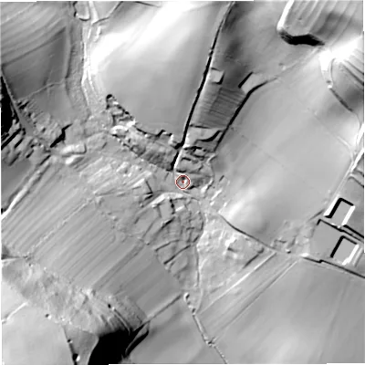 Shaded relief map of the ground around DT110DG, computed from Environment Agency LiDAR. The ground here sits at about 133 m above sea level and falls 79 m across the surrounding 800 m. Surface water reaching this point runs off ground lying to the south-west, 69.5 m higher.