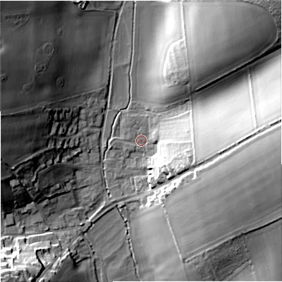 Shaded relief map of the ground around DT110DW, computed from Environment Agency LiDAR. The ground here sits at about 72 m above sea level and falls 36 m across the surrounding 800 m. Surface water reaching this point runs off ground lying to the east-south-east, 19.7 m higher.