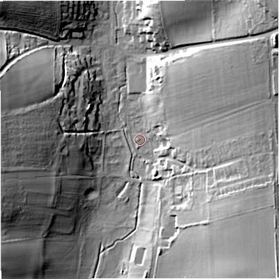 Shaded relief map of the ground around DT110FX, computed from Environment Agency LiDAR. The ground here sits at about 69 m above sea level and falls 31 m across the surrounding 800 m. Surface water reaching this point runs off ground lying to the north-east, 27.9 m higher.