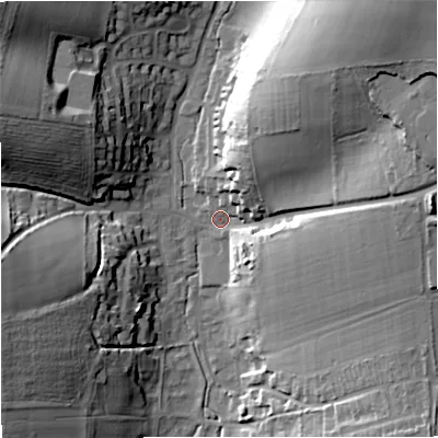 Shaded relief map of the ground around DT110JD, computed from Environment Agency LiDAR. The ground here sits at about 71 m above sea level and falls 37 m across the surrounding 800 m. Surface water reaching this point runs off ground lying to the north-east, 34.0 m higher.
