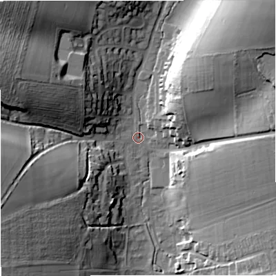 Shaded relief map of the ground around DT110JF, computed from Environment Agency LiDAR. The ground here sits at about 70 m above sea level and falls 36 m across the surrounding 800 m. Surface water reaching this point runs off ground lying to the north-east, 34.2 m higher.