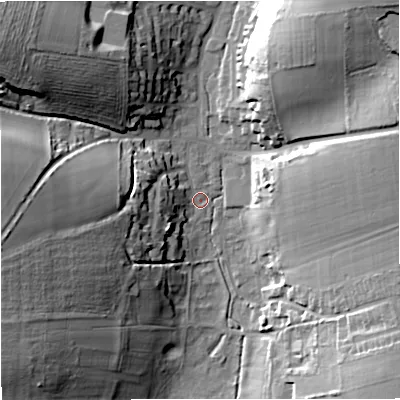 Shaded relief map of the ground around DT110JP, computed from Environment Agency LiDAR. The ground here sits at about 70 m above sea level and falls 34 m across the surrounding 800 m. Surface water reaching this point runs off ground lying to the west, 27.8 m higher.