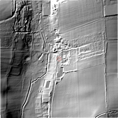 Shaded relief map of the ground around DT110JS, computed from Environment Agency LiDAR. The ground here sits at about 74 m above sea level and falls 28 m across the surrounding 800 m. Surface water reaching this point runs off ground lying to the east-south-east, 15.5 m higher.