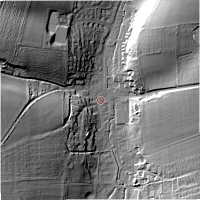 Shaded relief map of the ground around DT110JW, computed from Environment Agency LiDAR. The ground here sits at about 70 m above sea level and falls 35 m across the surrounding 800 m. Surface water reaching this point runs off ground lying to the west-north-west, 31.7 m higher.