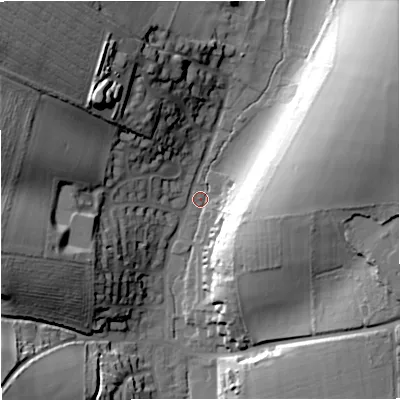 Shaded relief map of the ground around DT110JZ, computed from Environment Agency LiDAR. The ground here sits at about 72 m above sea level and falls 40 m across the surrounding 800 m. Surface water reaching this point runs off ground lying to the east-north-east, 36.4 m higher.
