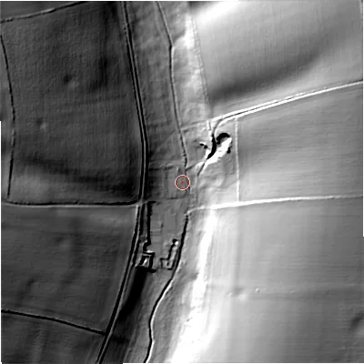Shaded relief map of the ground around DT110LB, computed from Environment Agency LiDAR. The ground here sits at about 83 m above sea level and falls 45 m across the surrounding 800 m. Surface water reaching this point runs off ground lying to the north-east, 41.7 m higher.