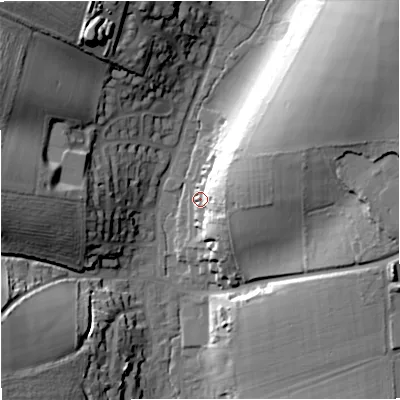 Shaded relief map of the ground around DT110LE, computed from Environment Agency LiDAR. The ground here sits at about 75 m above sea level and falls 40 m across the surrounding 800 m. Surface water reaching this point runs off ground lying to the east-north-east, 19.9 m higher.