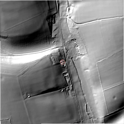 Shaded relief map of the ground around DT110LH, computed from Environment Agency LiDAR. The ground here sits at about 96 m above sea level and falls 53 m across the surrounding 800 m. Surface water reaching this point runs off ground lying to the west-south-west, 27.2 m higher.