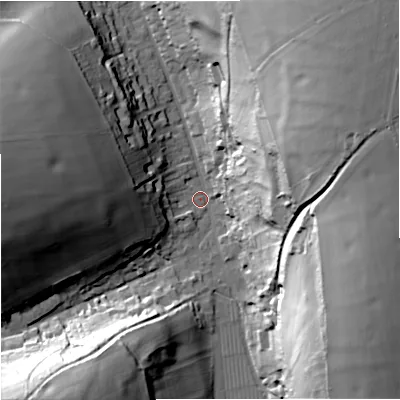 Shaded relief map of the ground around DT110NJ, computed from Environment Agency LiDAR. The ground here sits at about 95 m above sea level and falls 64 m across the surrounding 800 m. Surface water reaching this point runs off ground lying to the north-east, 61.9 m higher.