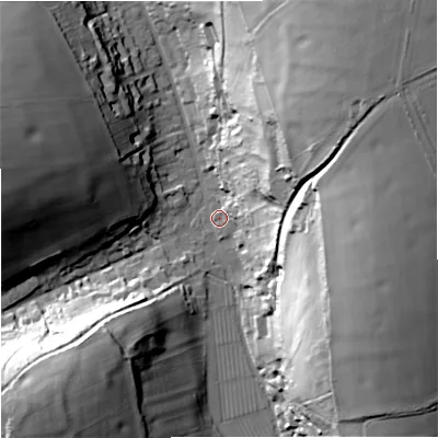 Shaded relief map of the ground around DT110NL, computed from Environment Agency LiDAR. The ground here sits at about 95 m above sea level and falls 64 m across the surrounding 800 m. Surface water reaching this point runs off ground lying to the north-east, 54.1 m higher.