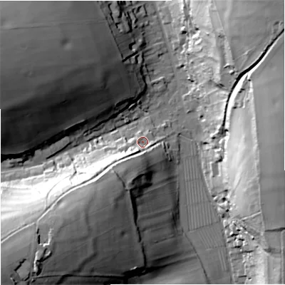 Shaded relief map of the ground around DT110NN, computed from Environment Agency LiDAR. The ground here sits at about 98 m above sea level and falls 62 m across the surrounding 800 m. Surface water reaching this point runs off ground lying to the south-west, 33.3 m higher.