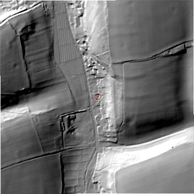 Shaded relief map of the ground around DT110NP, computed from Environment Agency LiDAR. The ground here sits at about 92 m above sea level and falls 52 m across the surrounding 800 m. Surface water reaching this point runs off ground lying to the north-north-east, 48.2 m higher.