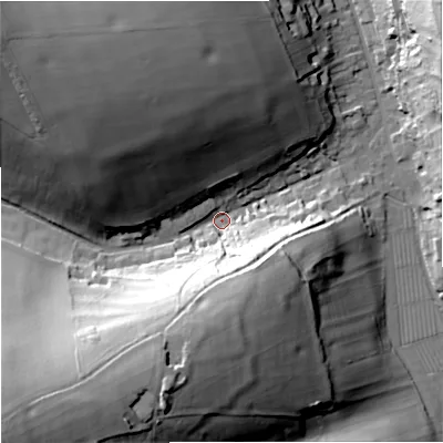 Shaded relief map of the ground around DT110NT, computed from Environment Agency LiDAR. The ground here sits at about 98 m above sea level and falls 58 m across the surrounding 800 m. Surface water reaching this point runs off ground lying to the south-west, 53.0 m higher.