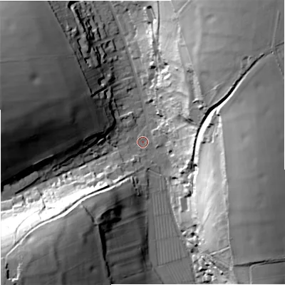 Shaded relief map of the ground around DT110NW, computed from Environment Agency LiDAR. The ground here sits at about 94 m above sea level and falls 64 m across the surrounding 800 m. Surface water reaching this point runs off ground lying to the north-east, 61.1 m higher.