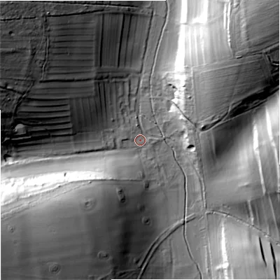 Shaded relief map of the ground around DT110NZ, computed from Environment Agency LiDAR. The ground here sits at about 79 m above sea level and falls 46 m across the surrounding 800 m. Surface water reaching this point runs off ground lying to the west-north-west, 36.4 m higher.