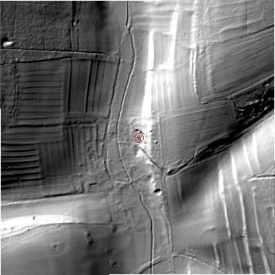Shaded relief map of the ground around DT110PA, computed from Environment Agency LiDAR. The ground here sits at about 81 m above sea level and falls 47 m across the surrounding 800 m. Surface water reaching this point runs off ground lying to the east-north-east, 25.8 m higher.