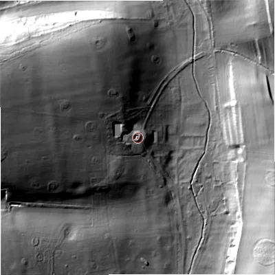 Shaded relief map of the ground around DT110PB, computed from Environment Agency LiDAR. The ground here sits at about 86 m above sea level and falls 40 m across the surrounding 800 m. Surface water reaching this point runs off ground lying to the west-north-west, 26.7 m higher.