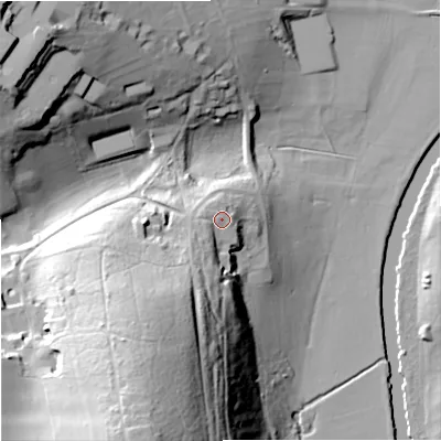 Shaded relief map of the ground around DT110PS, computed from Environment Agency LiDAR. The ground here sits at about 50 m above sea level and falls 56 m across the surrounding 800 m. Surface water reaching this point runs off ground lying to the south-west, 6.7 m higher.