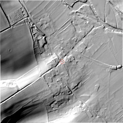 Shaded relief map of the ground around DT110QA, computed from Environment Agency LiDAR. The ground here sits at about 45 m above sea level and falls 55 m across the surrounding 800 m. Surface water reaching this point runs off ground lying to the south-west, 24.8 m higher.