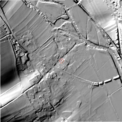 Shaded relief map of the ground around DT110QB, computed from Environment Agency LiDAR. The ground here sits at about 38 m above sea level and falls 40 m across the surrounding 800 m. Surface water reaching this point runs off ground lying to the south-west, 35.6 m higher.