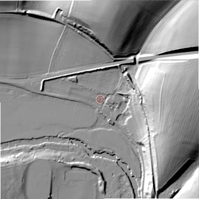 Shaded relief map of the ground around DT110QJ, computed from Environment Agency LiDAR. The ground here sits at about 37 m above sea level and falls 49 m across the surrounding 800 m. Surface water reaching this point runs off ground lying to the north, 44.6 m higher.