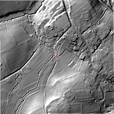 Shaded relief map of the ground around DT110QU, computed from Environment Agency LiDAR. The ground here sits at about 51 m above sea level and falls 30 m across the surrounding 800 m. Surface water reaching this point runs off ground lying to the south-south-east, 16.1 m higher.