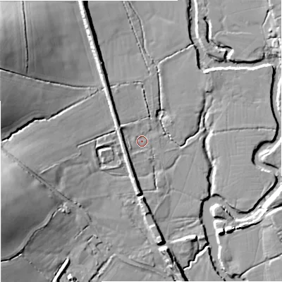 Shaded relief map of the ground around DT110QY, computed from Environment Agency LiDAR. The ground here sits at about 43 m above sea level and falls 22 m across the surrounding 800 m. Surface water reaching this point runs off ground lying to the west-north-west, 3.8 m higher.