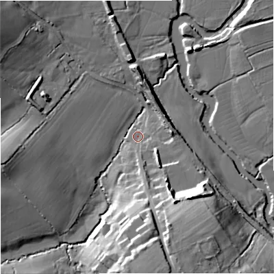 Shaded relief map of the ground around DT110QZ, computed from Environment Agency LiDAR. The ground here sits at about 43 m above sea level and falls 23 m across the surrounding 800 m. Surface water reaching this point runs off ground lying to the south, 22.0 m higher.