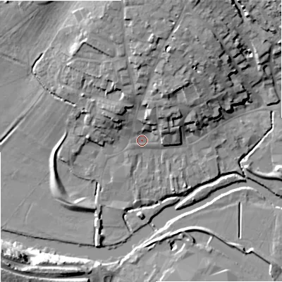 Shaded relief map of the ground around DT117AF, computed from Environment Agency LiDAR. The ground here sits at about 34 m above sea level and falls 29 m across the surrounding 800 m. Surface water reaching this point runs off ground lying to the north, 14.4 m higher.
