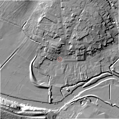 Shaded relief map of the ground around DT117AH, computed from Environment Agency LiDAR. The ground here sits at about 34 m above sea level and falls 31 m across the surrounding 800 m. Surface water reaching this point runs off ground lying to the north, 7.1 m higher.