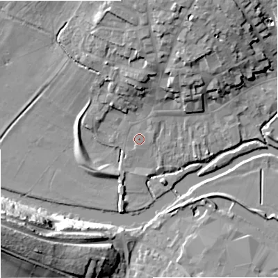 Shaded relief map of the ground around DT117AL, computed from Environment Agency LiDAR. The ground here sits at about 33 m above sea level and falls 32 m across the surrounding 800 m. Surface water reaching this point runs off ground lying to the north, 14.6 m higher.