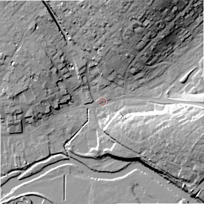 Shaded relief map of the ground around DT117AP, computed from Environment Agency LiDAR. The ground here sits at about 33 m above sea level and falls 32 m across the surrounding 800 m. Surface water reaching this point runs off ground lying to the north-north-east, 29.3 m higher.