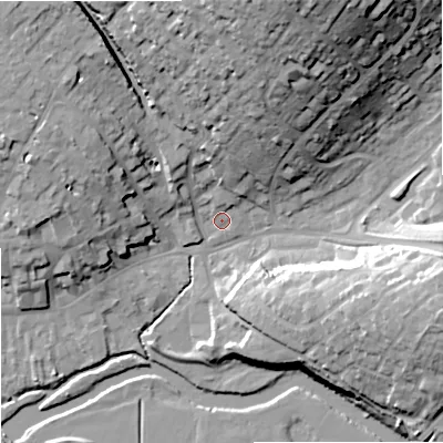 Shaded relief map of the ground around DT117AS, computed from Environment Agency LiDAR. The ground here sits at about 34 m above sea level and falls 35 m across the surrounding 800 m. Surface water reaching this point runs off ground lying to the north-north-east, 31.2 m higher.