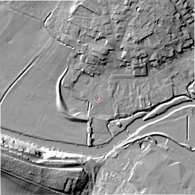 Shaded relief map of the ground around DT117AW, computed from Environment Agency LiDAR. The ground here sits at about 33 m above sea level and falls 32 m across the surrounding 800 m. Surface water reaching this point runs off ground lying to the north, 14.5 m higher.