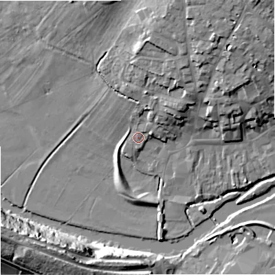 Shaded relief map of the ground around DT117AX, computed from Environment Agency LiDAR. The ground here sits at about 35 m above sea level and falls 34 m across the surrounding 800 m. Surface water reaching this point runs off ground lying to the north-north-east, 12.7 m higher.
