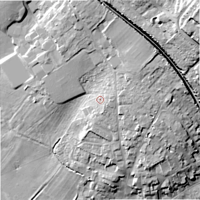 Shaded relief map of the ground around DT117BN, computed from Environment Agency LiDAR. The ground here sits at about 46 m above sea level and falls 34 m across the surrounding 800 m. Surface water reaching this point runs off ground lying to the east-north-east, 3.2 m higher.