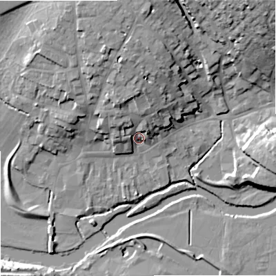 Shaded relief map of the ground around DT117DP, computed from Environment Agency LiDAR. The ground here sits at about 36 m above sea level and falls 26 m across the surrounding 800 m. Surface water reaching this point runs off ground lying to the north-north-west, 12.8 m higher.