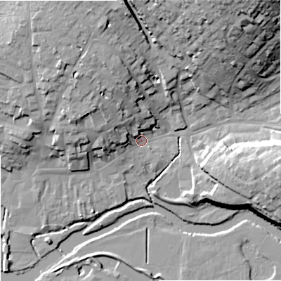 Shaded relief map of the ground around DT117DR, computed from Environment Agency LiDAR. The ground here sits at about 34 m above sea level and falls 29 m across the surrounding 800 m. Surface water reaching this point runs off ground lying to the north-west, 13.6 m higher.