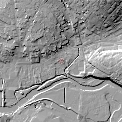 Shaded relief map of the ground around DT117DY, computed from Environment Agency LiDAR. The ground here sits at about 34 m above sea level and falls 24 m across the surrounding 800 m. Surface water reaching this point runs off ground lying to the north-west, 3.4 m higher.