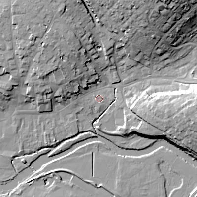 Shaded relief map of the ground around DT117DZ, computed from Environment Agency LiDAR. The ground here sits at about 33 m above sea level and falls 28 m across the surrounding 800 m. Surface water reaching this point runs off ground lying to the west-north-west, 1.0 m higher.
