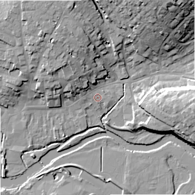 Shaded relief map of the ground around DT117EA, computed from Environment Agency LiDAR. The ground here sits at about 34 m above sea level and falls 26 m across the surrounding 800 m. Surface water reaching this point runs off ground lying to the west-north-west, 1.0 m higher.