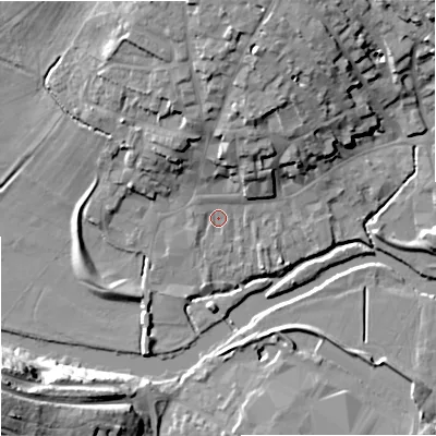 Shaded relief map of the ground around DT117EB, computed from Environment Agency LiDAR. The ground here sits at about 33 m above sea level and falls 29 m across the surrounding 800 m. Surface water reaching this point runs off ground lying to the north-west, 1.5 m higher.