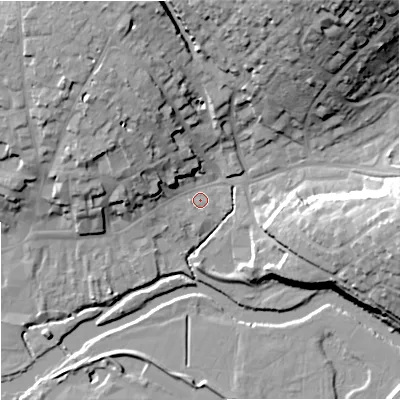 Shaded relief map of the ground around DT117ED, computed from Environment Agency LiDAR. The ground here sits at about 33 m above sea level and falls 28 m across the surrounding 800 m. Surface water reaching this point runs off ground lying to the north-west, 13.8 m higher.