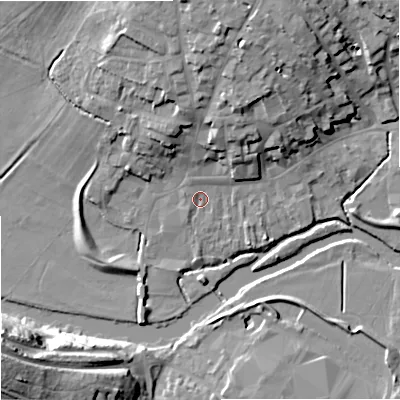 Shaded relief map of the ground around DT117EE, computed from Environment Agency LiDAR. The ground here sits at about 33 m above sea level and falls 30 m across the surrounding 800 m. Surface water reaching this point runs off ground lying to the north-north-west, 1.5 m higher.