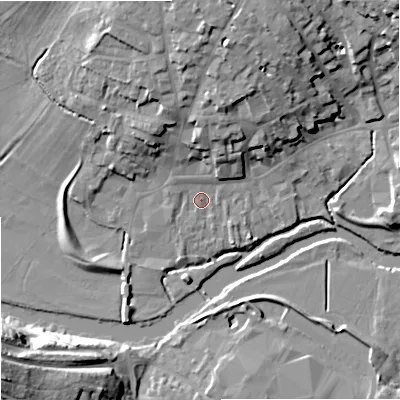 Shaded relief map of the ground around DT117EH, computed from Environment Agency LiDAR. The ground here sits at about 33 m above sea level and falls 28 m across the surrounding 800 m. Surface water reaching this point runs off ground lying to the north-north-west, 1.5 m higher.