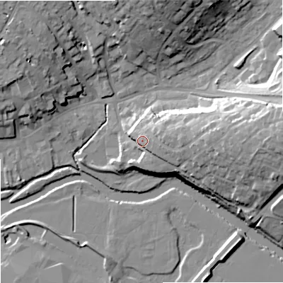 Shaded relief map of the ground around DT117EN, computed from Environment Agency LiDAR. The ground here sits at about 41 m above sea level and falls 24 m across the surrounding 800 m. Surface water reaching this point runs off ground lying to the east-north-east, 6.2 m higher.
