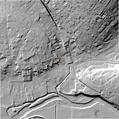 Shaded relief map of the ground around DT117ET, computed from Environment Agency LiDAR. The ground here sits at about 36 m above sea level and falls 33 m across the surrounding 800 m. Surface water reaching this point runs off ground lying to the north-west, 14.5 m higher.